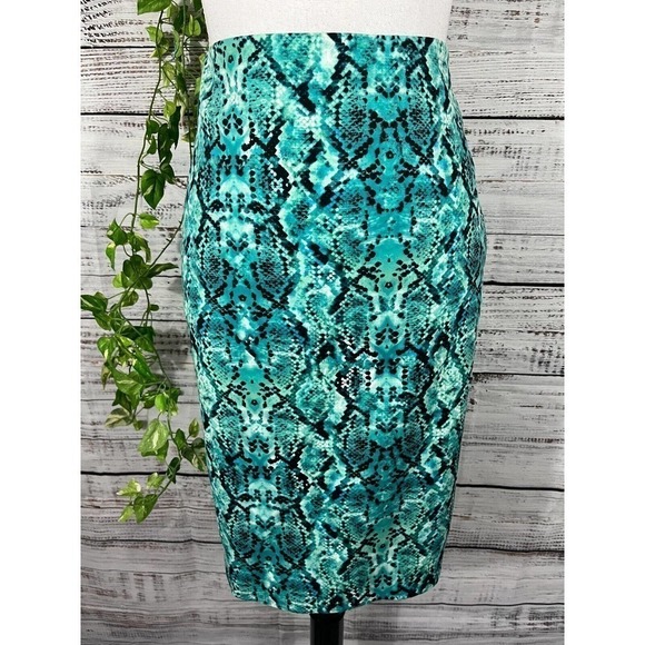 Liz Claiborne Skirt size 6 Teal Black Faux Snake Skin Pencil Stretch Knee Career - Picture 1 of 10